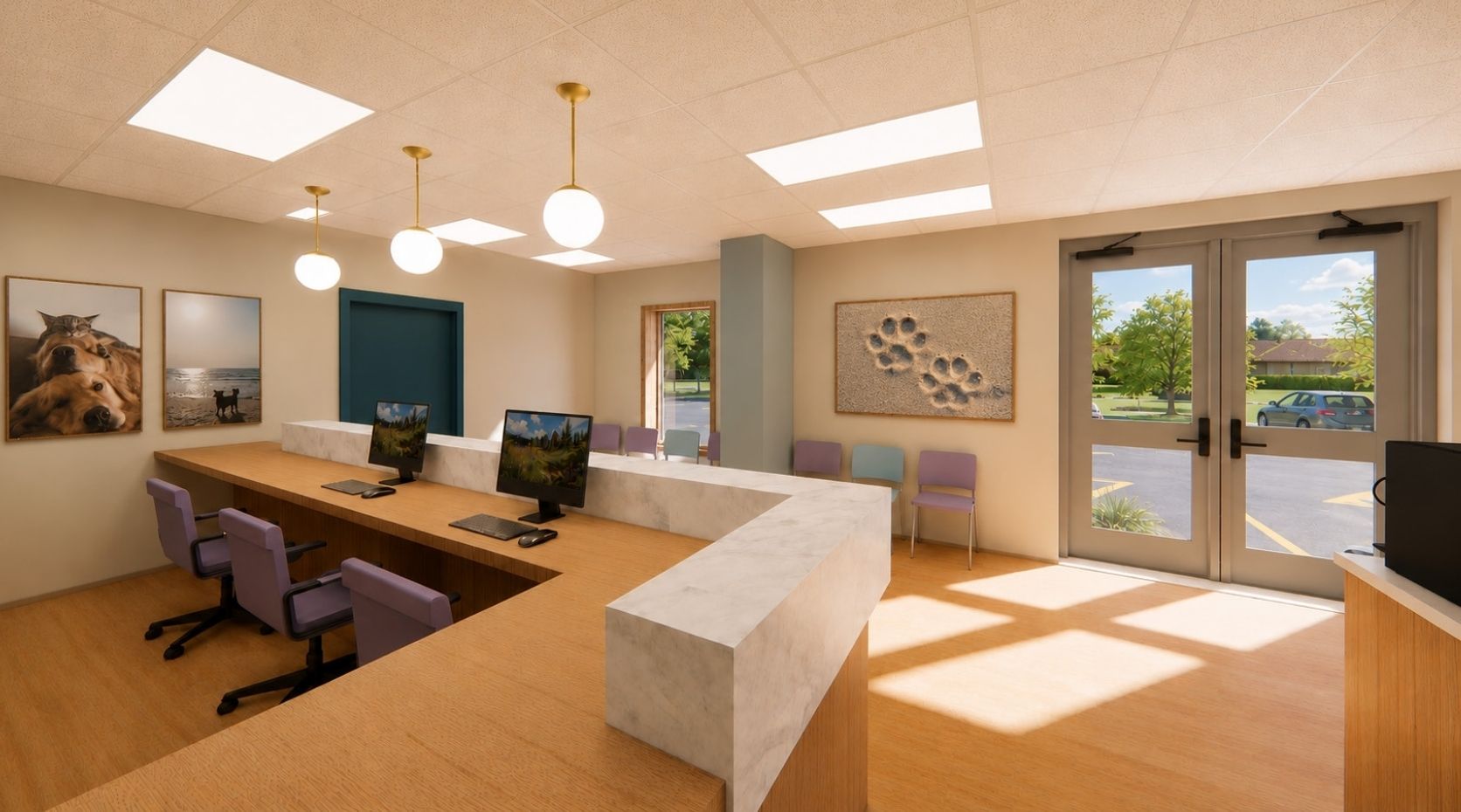 Reception area of an animal hospital with a long marble counter and double glass doors opening to a sunny outdoor scene.